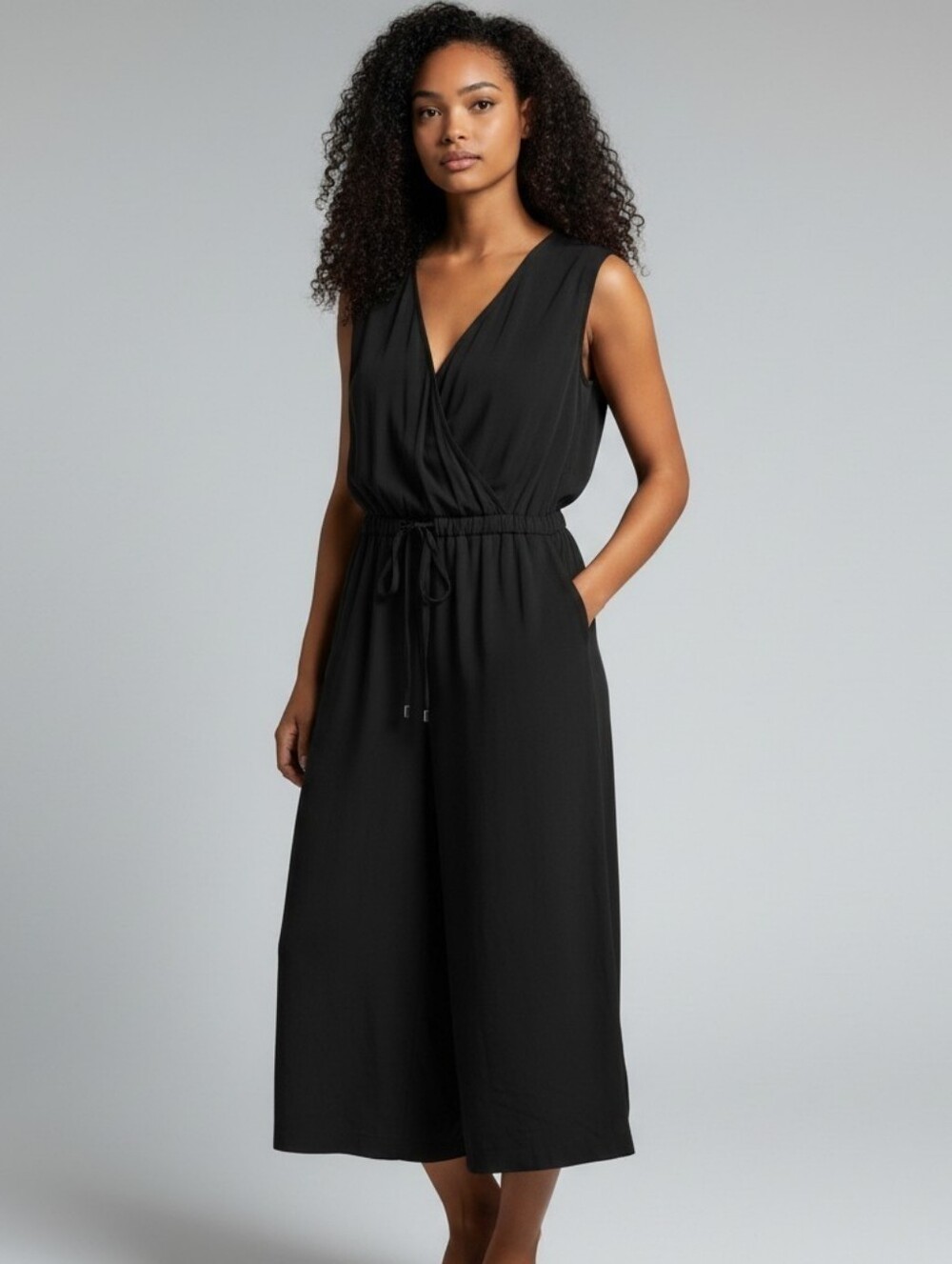 EILEEN FISHER Jumpsuit S Tencel Viscose Crepe Surplice Cinched Waist Crop Black